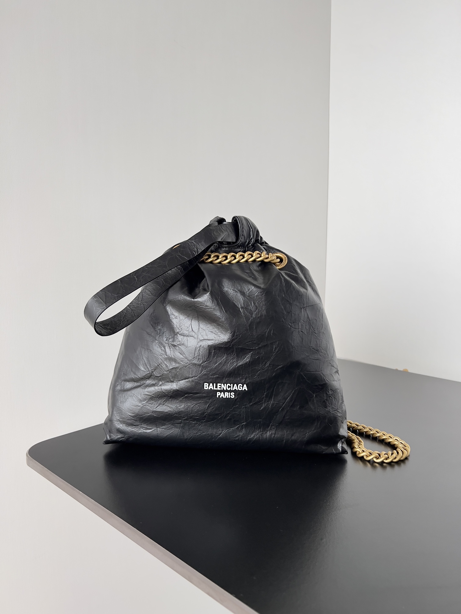 BALENCIAGA Crush XS Black/Gold Leather Shoulde