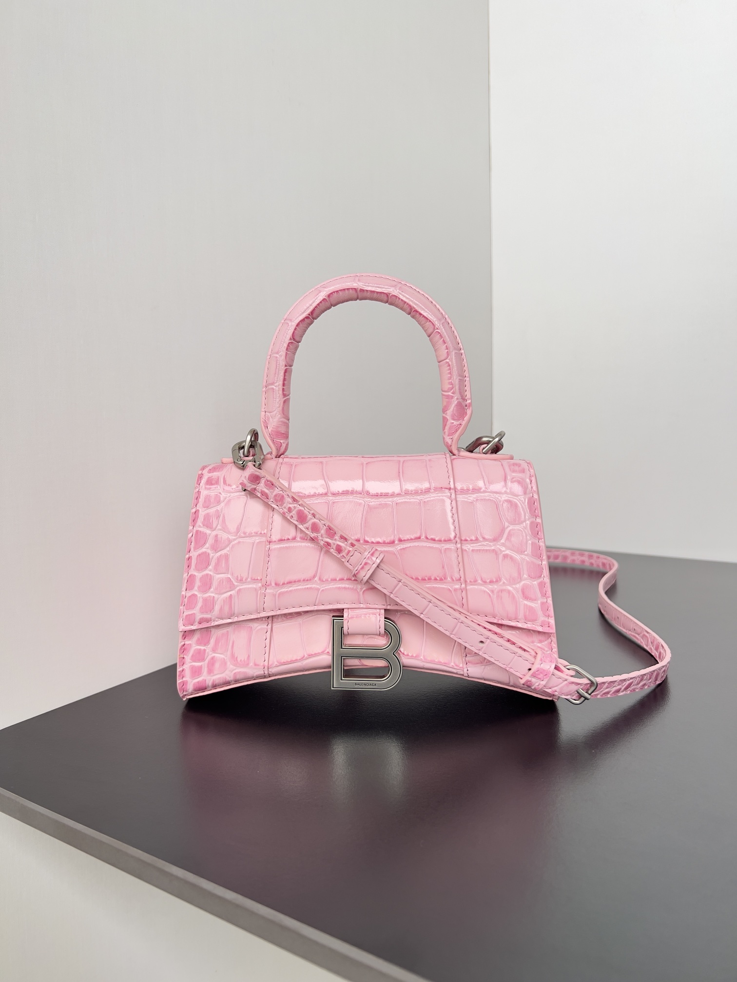 BALENCIAGA Shiny Calfskin Crocodile Embossed Hourglas