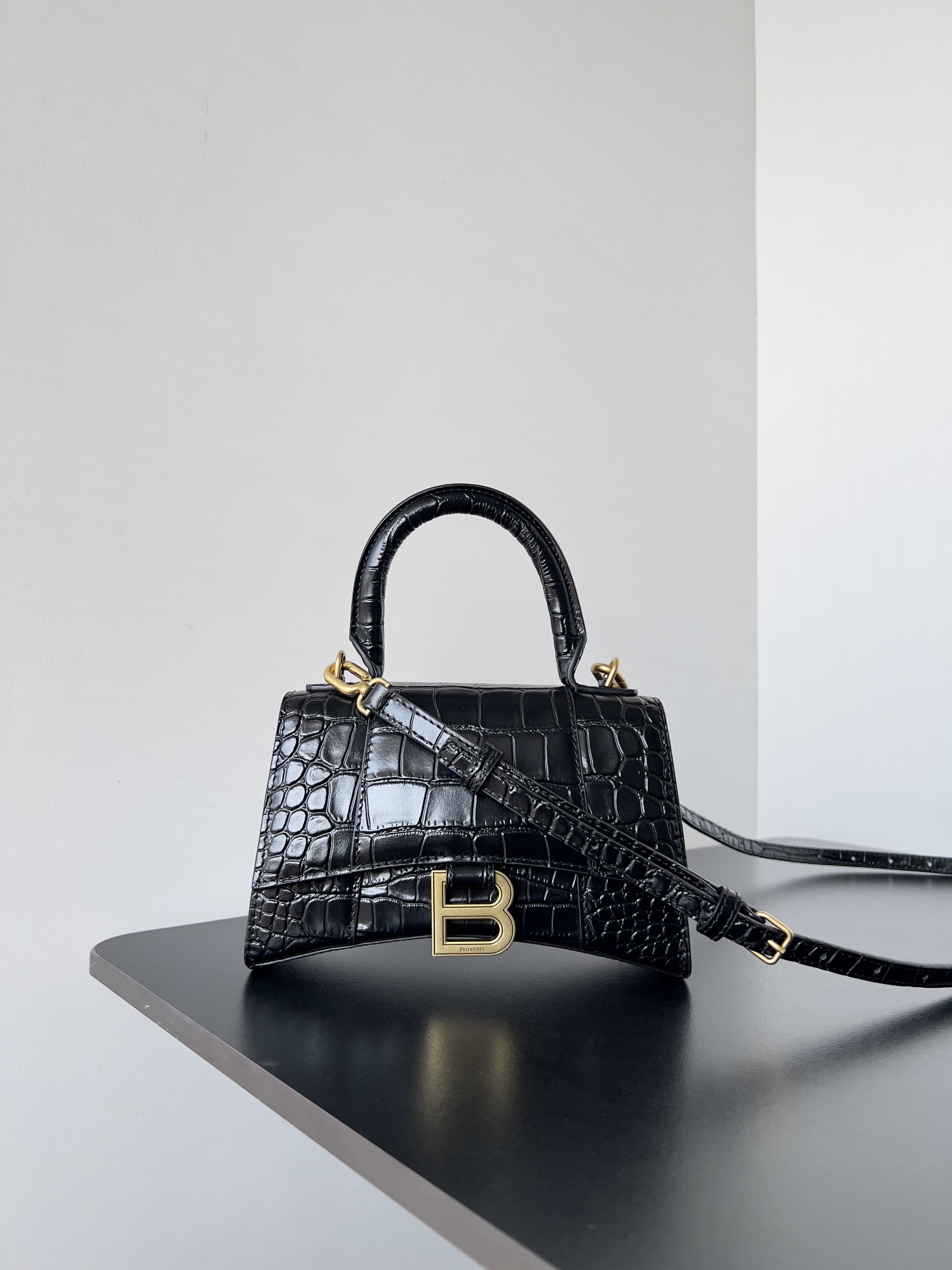 Balenciaga Hourglass Mini Handbag with Chain Crocodile Embossed