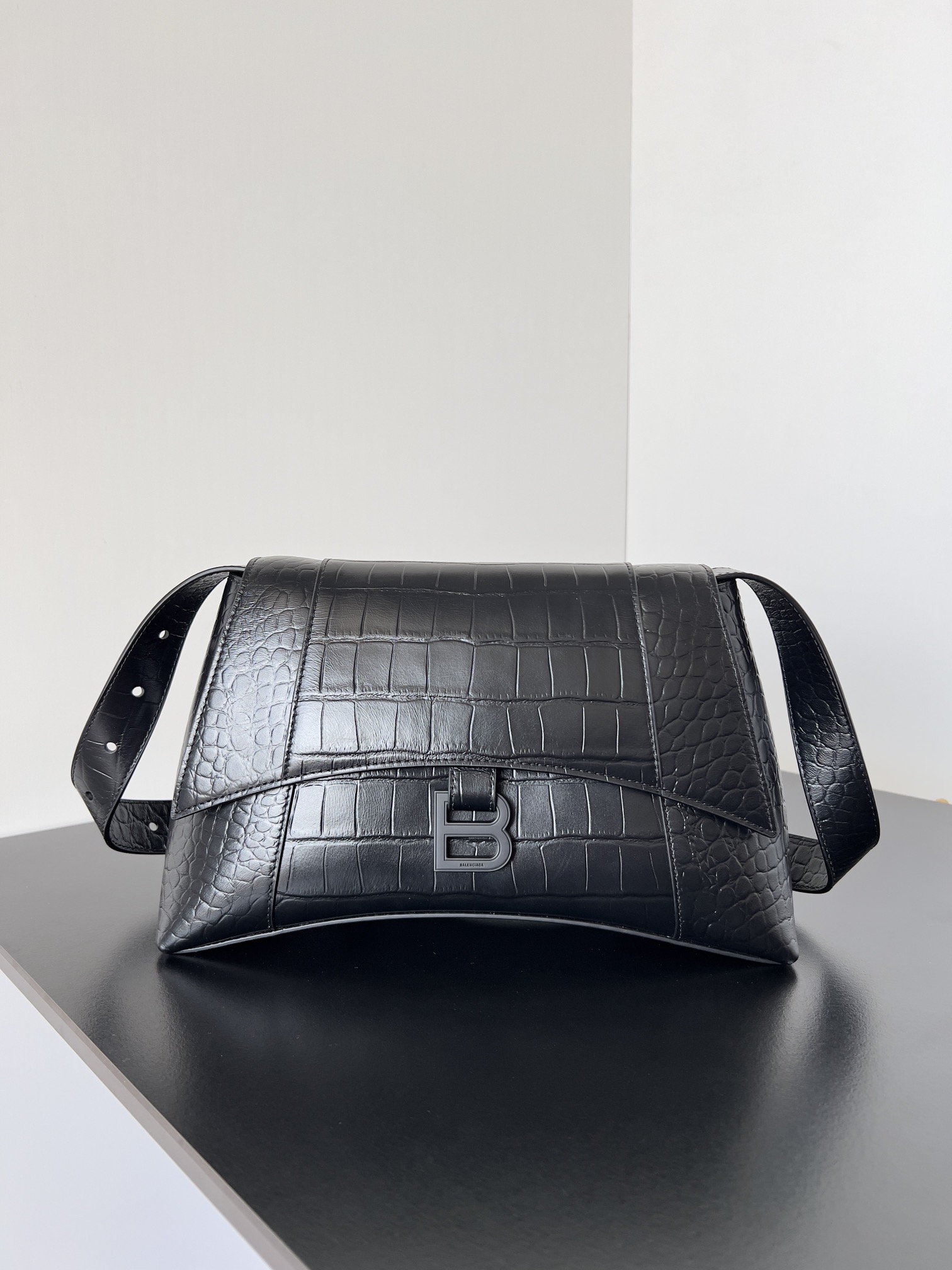 Balenciaga Downtown Shoulder Bag XS Crocodile Embossed Black/Black in Leather
