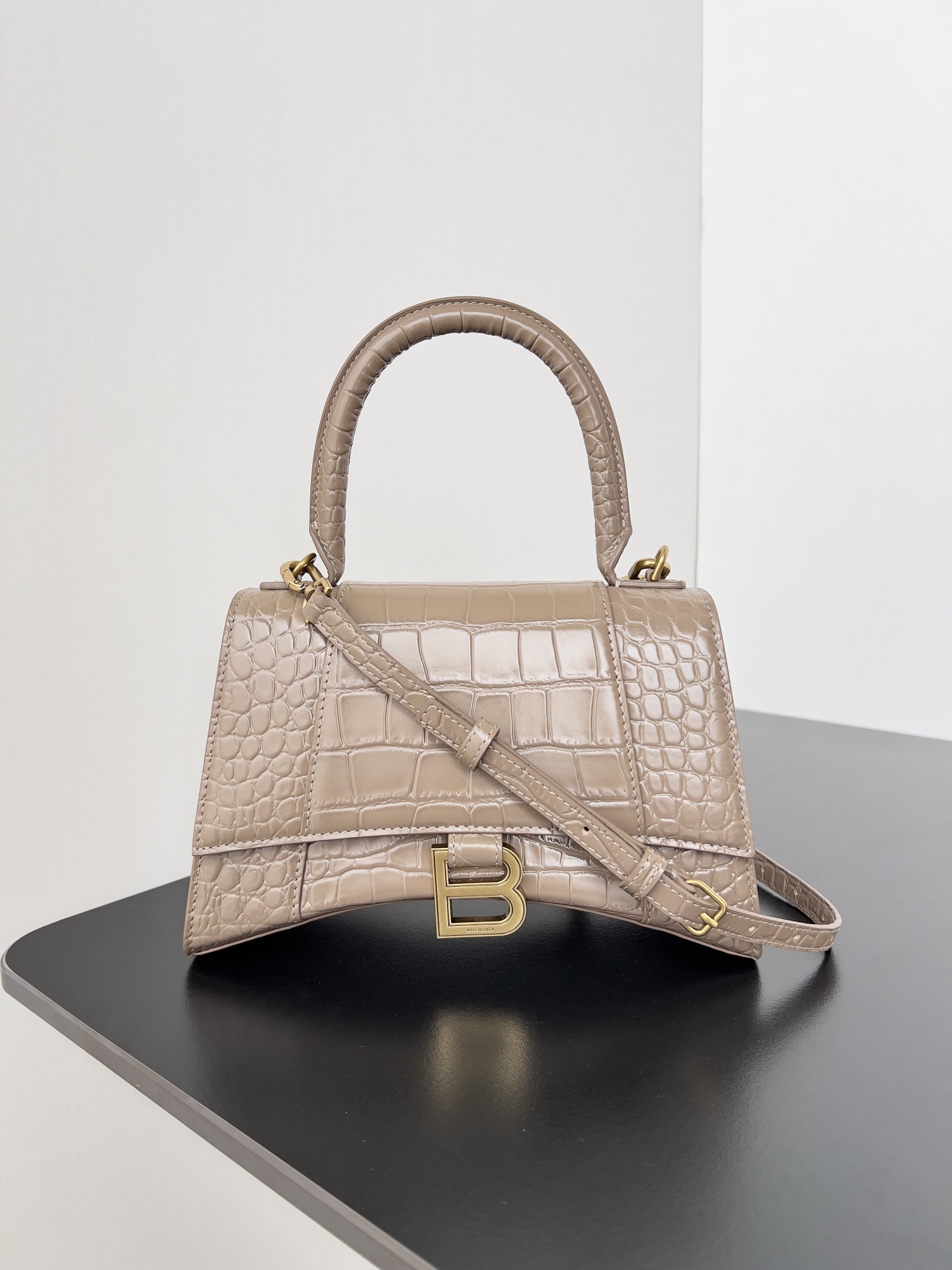 BALENCIAGA Shiny Calfskin Crocodile Embossed Small