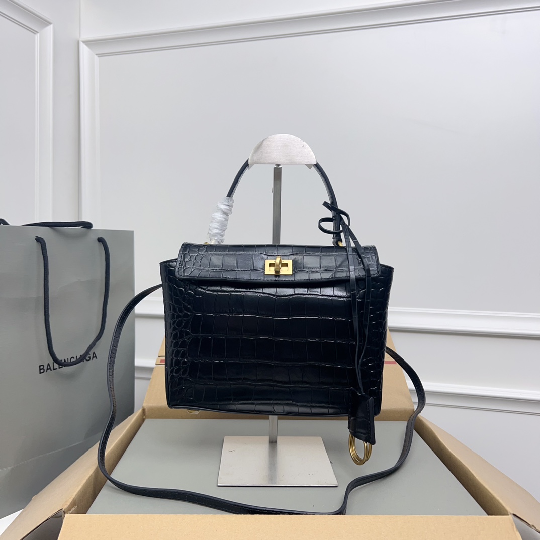 BALENCIAGA Shiny Calfskin Crocodile Embossed Mini Rodeo Top Handle Handbag Black 1640479