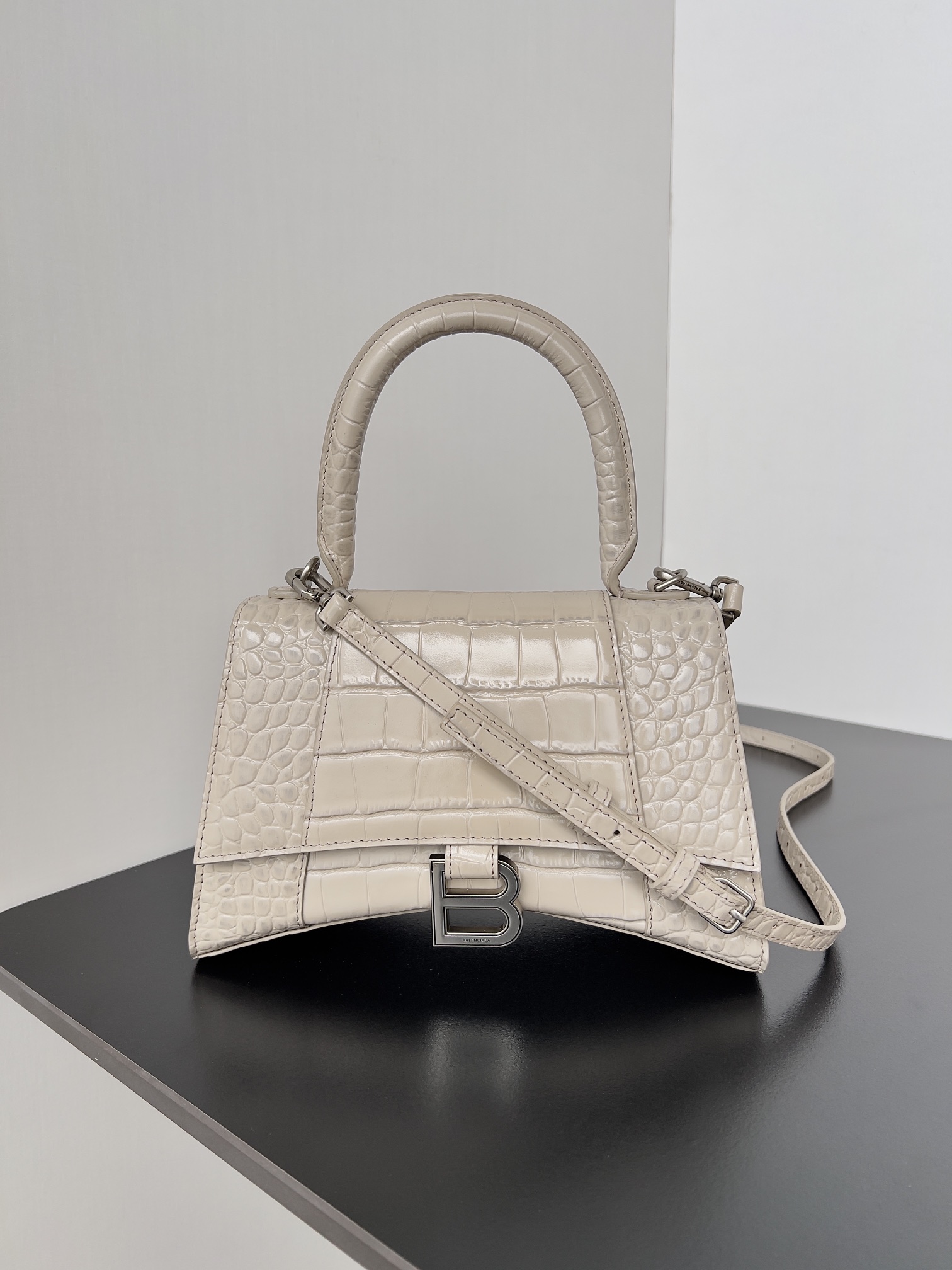 Balenciaga Dark Beige Croc Embossed Leather Small Hourglass Top Handle Bag Balenciaga