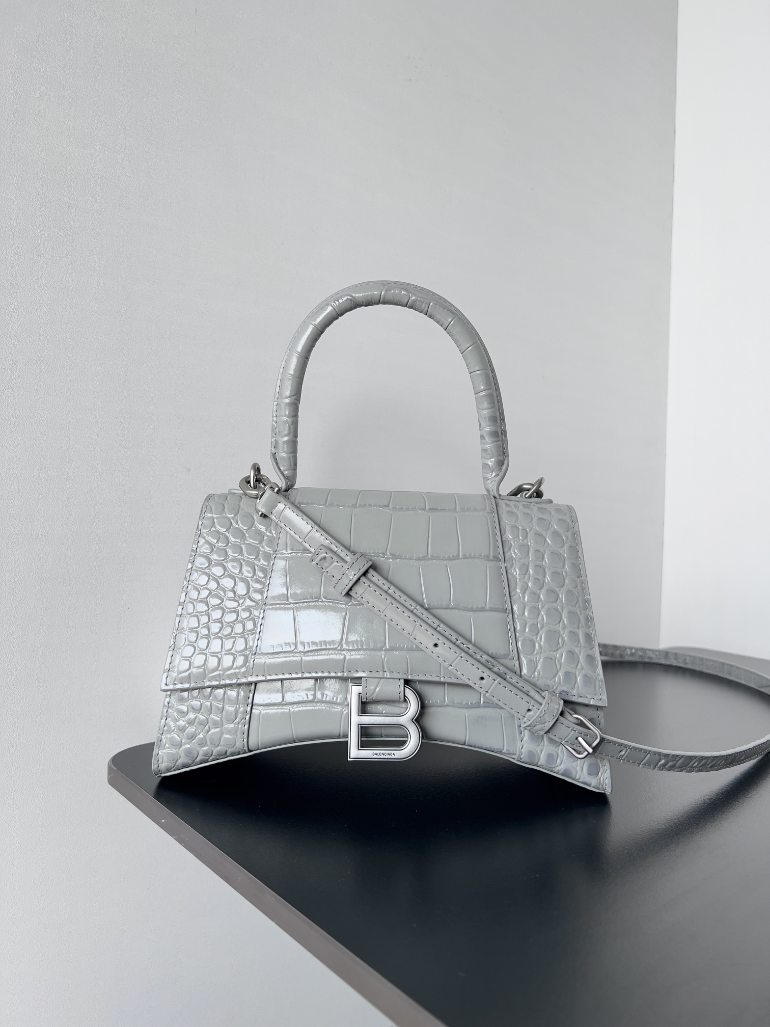 Balenciaga Embossed Leather Top Handle Bag – Grey Handle