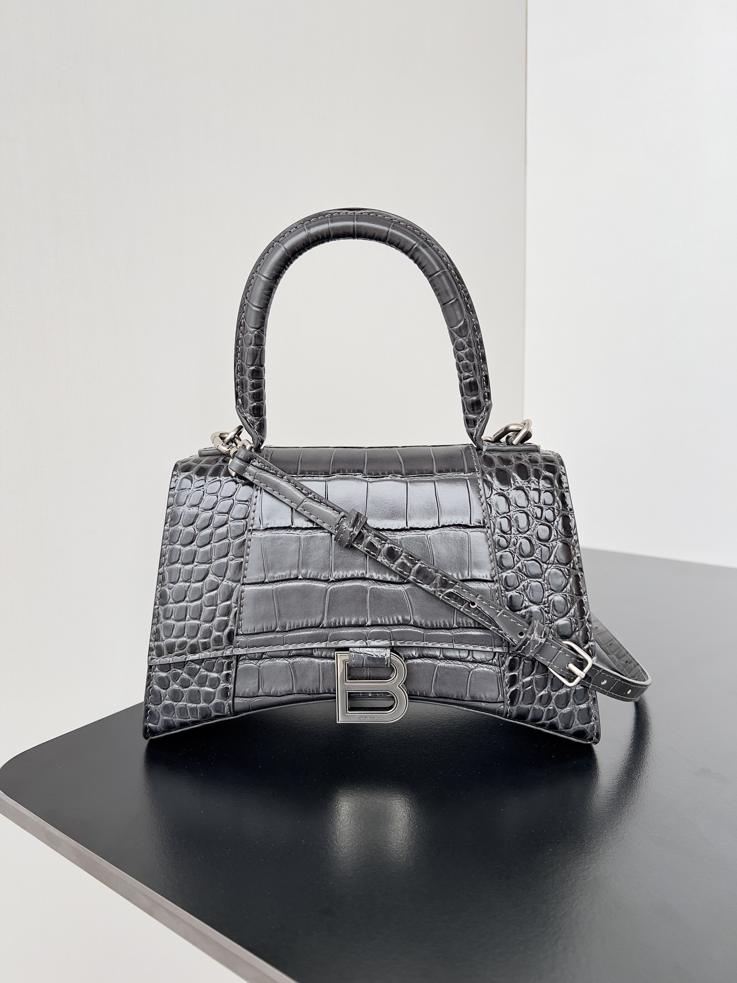 BALENCIAGA Shiny Calfskin Crocodile Embossed Small