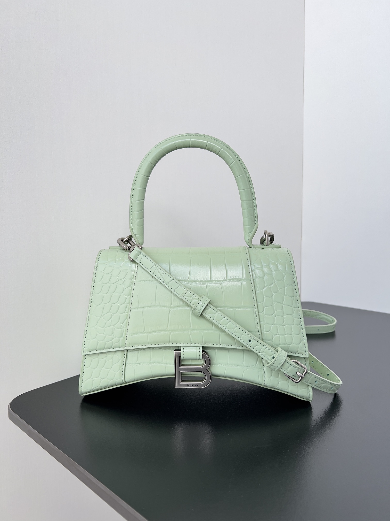 BALENCIAGA Shiny Calfskin Crocodile Embossed Hourglass