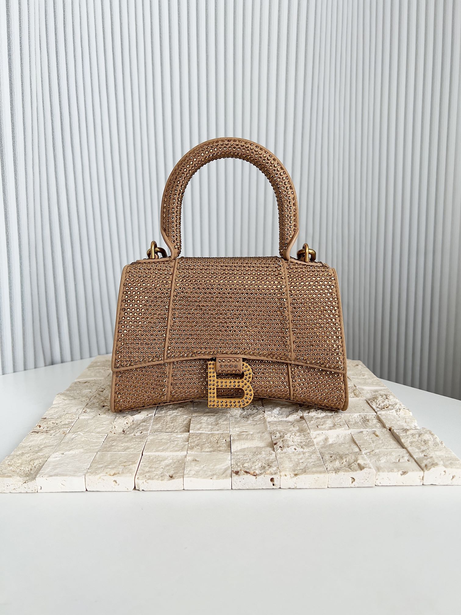 BALENCIAGA Strass Suede Hourglass Top Handle Bag XS Gold 1234827