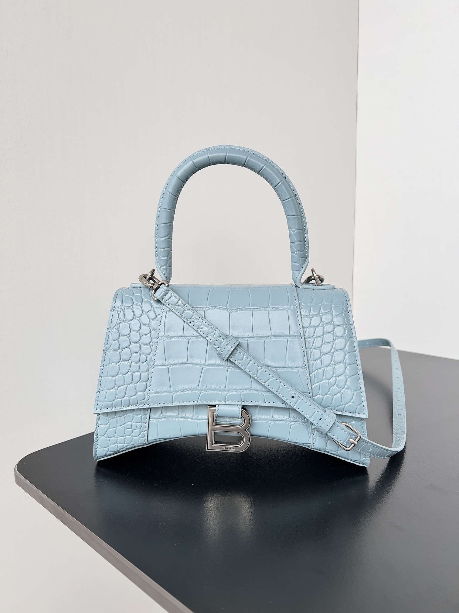 BALENCIAGA Shiny Calfskin Crocodile Embossed Small Hourglass Top Handle Bag Blue grey