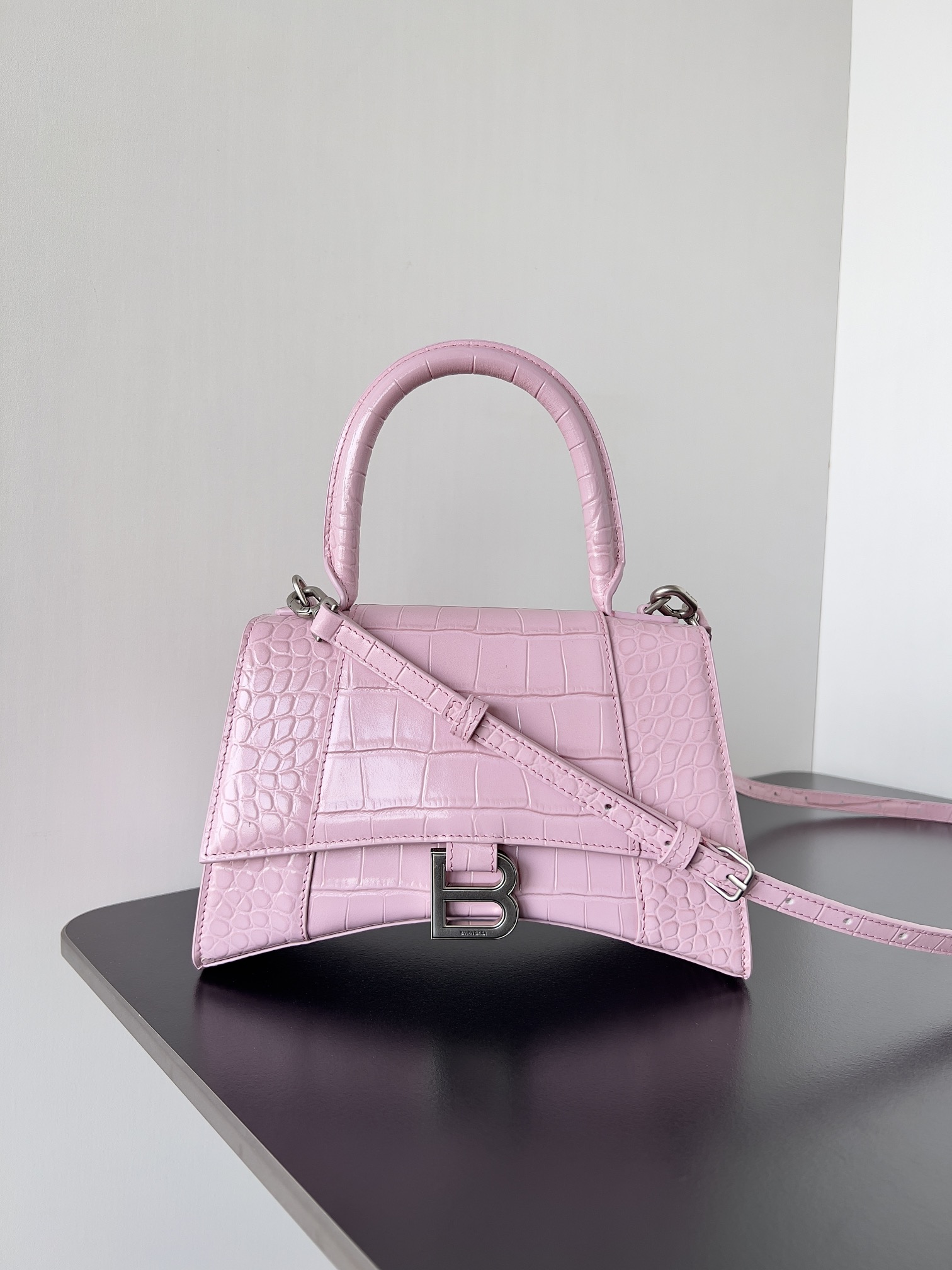 BALENCIAGA Semi Shiny Calfskin Crocodile Embossed Small Hourglass Top Handle Bag pink