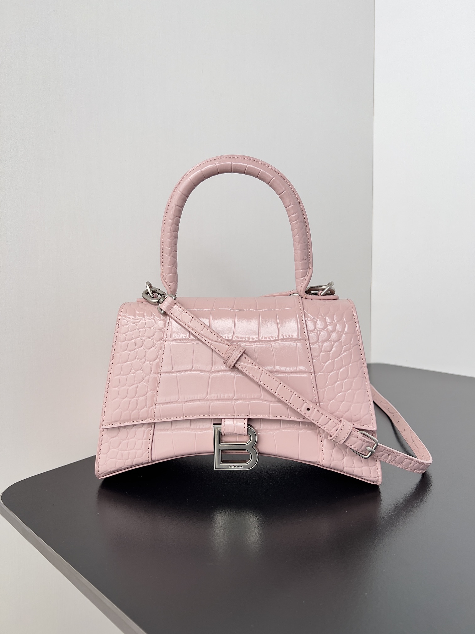 BALENCIAGA Shiny Calfskin Crocodile Embossed Small Hourglass pink Top Handle Bag