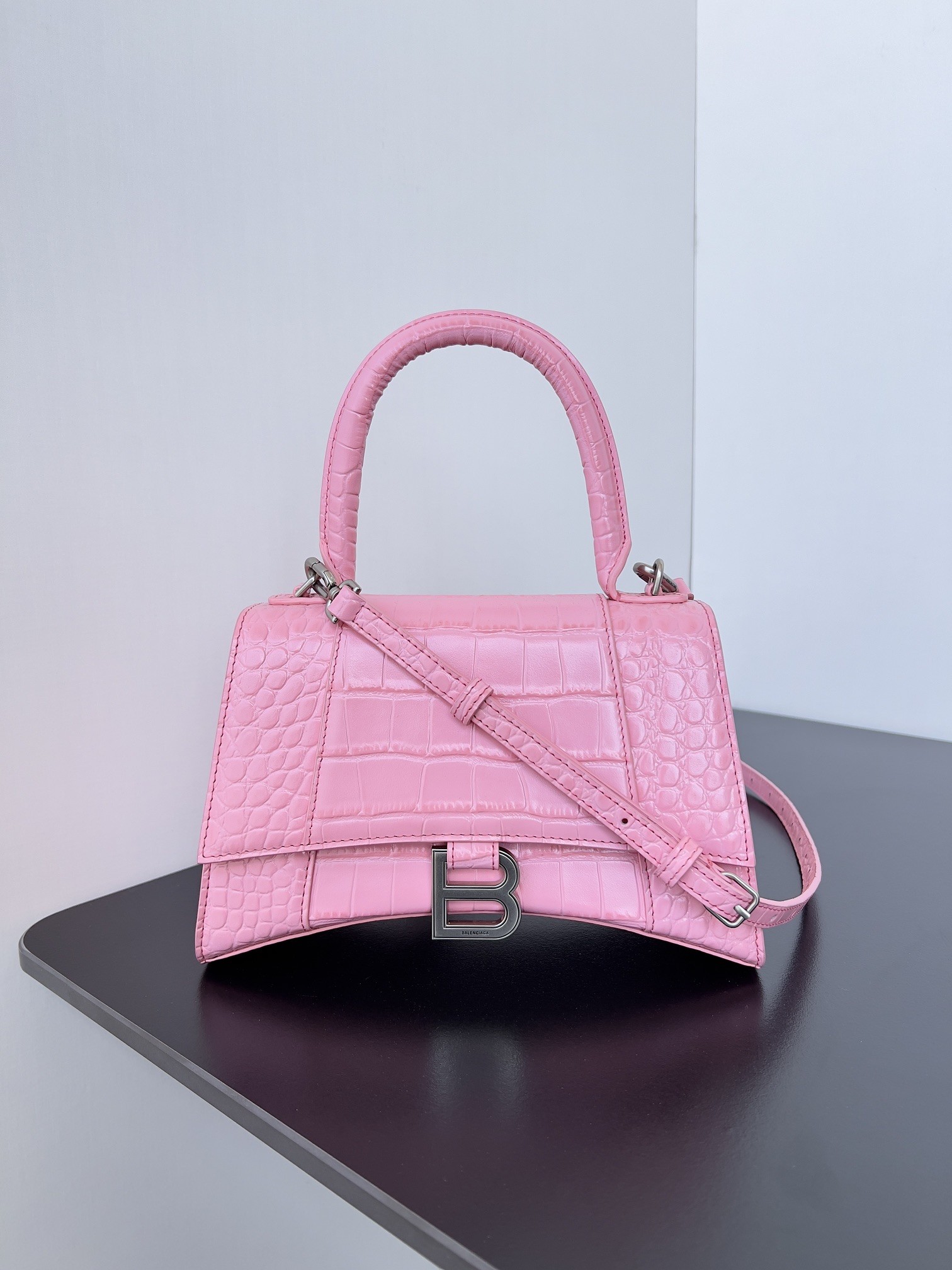 BALENCIAGA Shiny Calfskin Crocodile Embossed Small pink