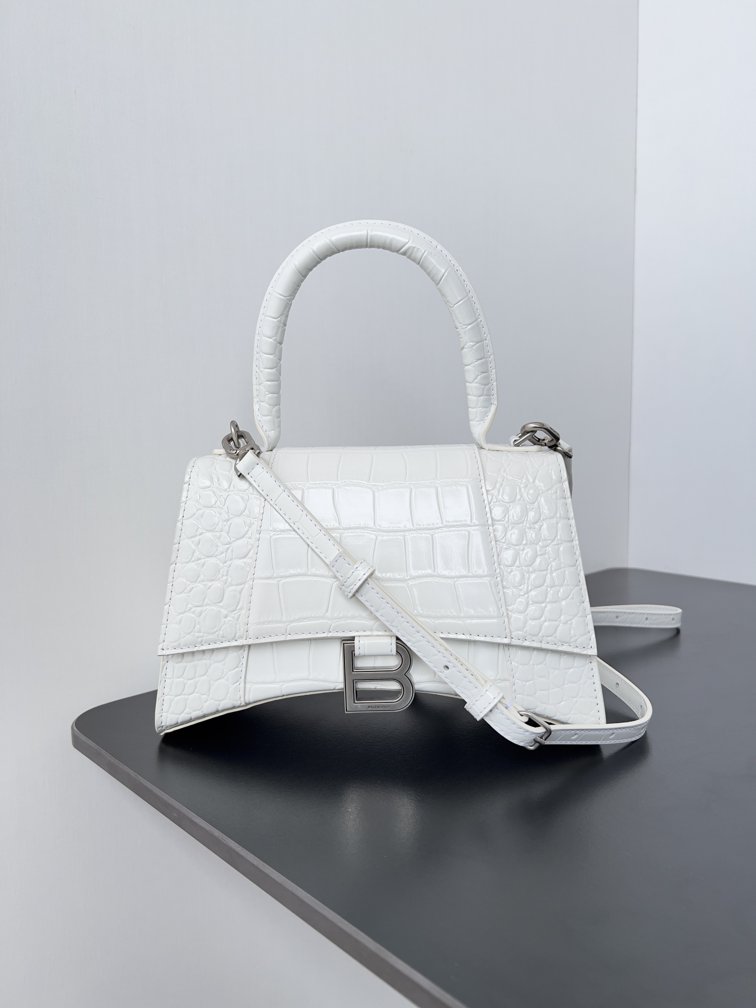 BALENCIAGA Calfskin Crocodile Embossed Small Hourglass Top white