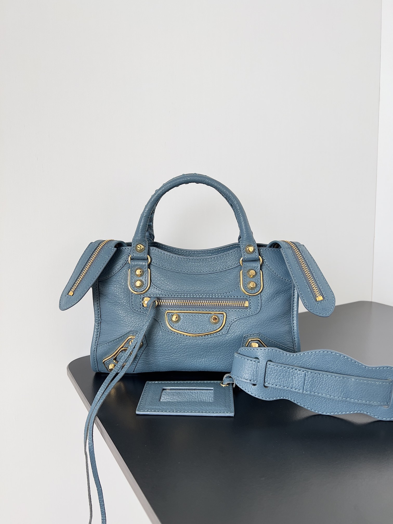 BALENCIAGA Chevre Gold Metallic Edge Hardware Mini City Bleu Acier 1252223 |