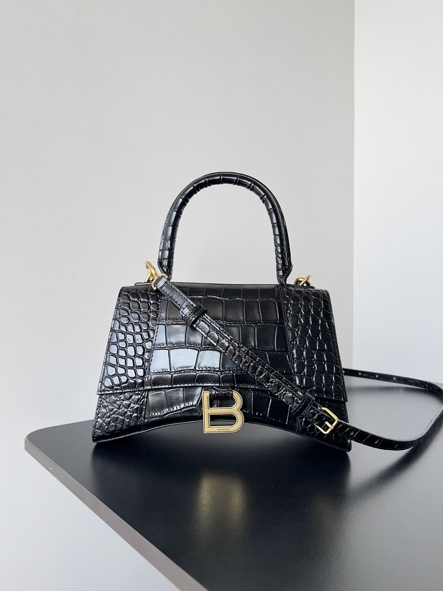 Balenciaga Hourglass Mini Handbag with Chain Crocodile Embossed