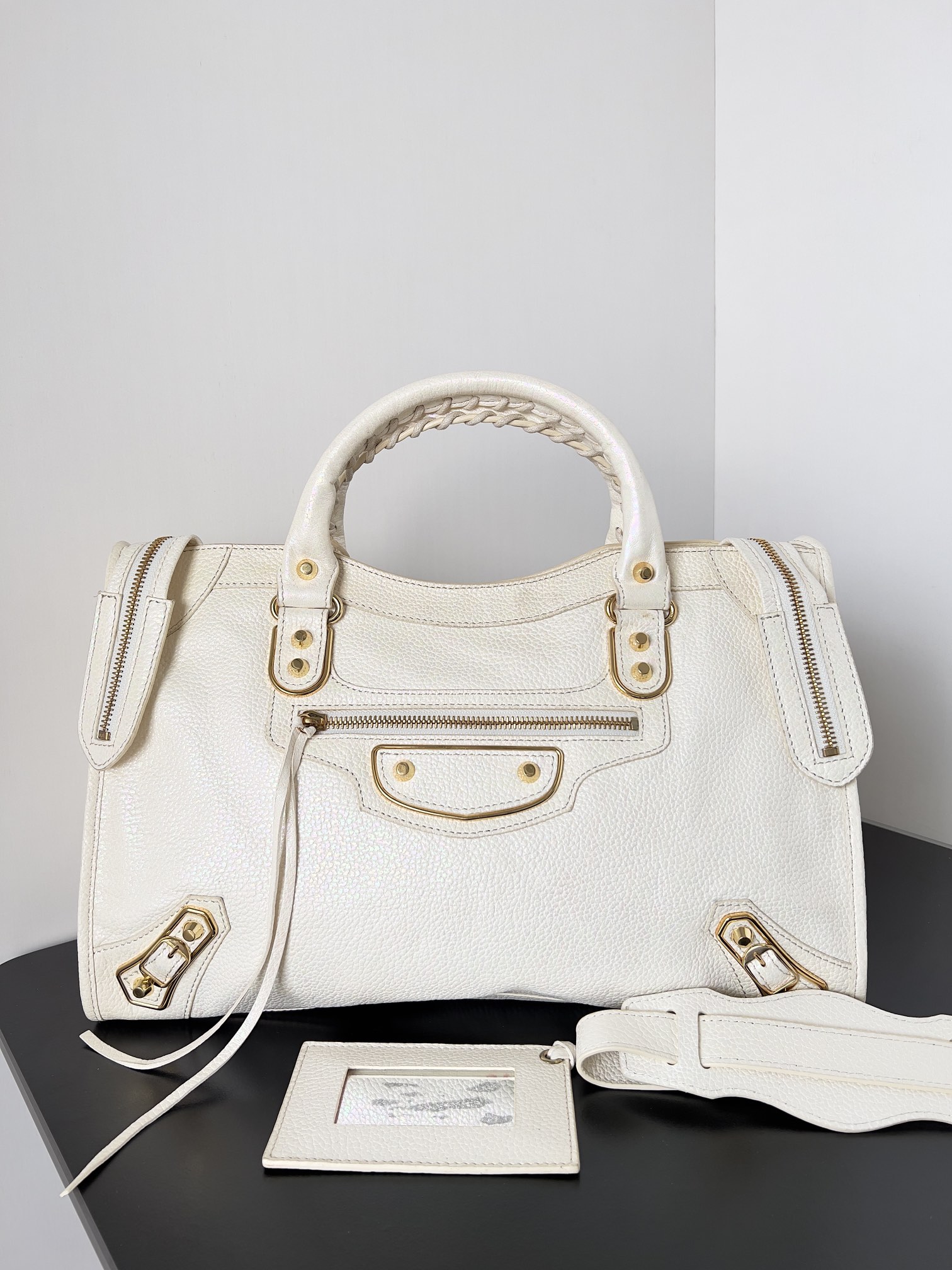 Balenciaga White Grained Chevre Leather Metallic Edge Town Bag
