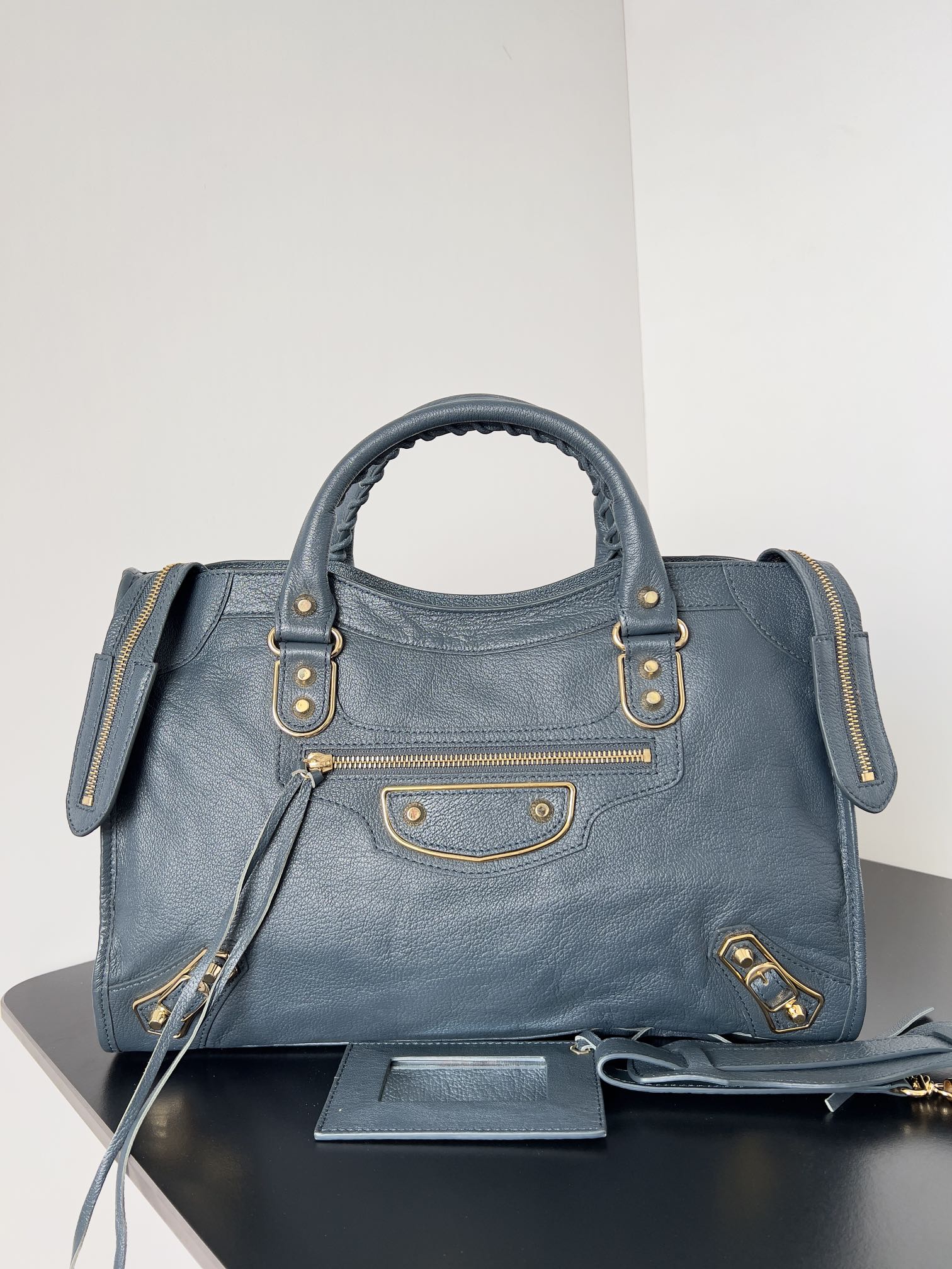 BALENCIAGA Chevre Gold Metallic Edge Hardware Town blue