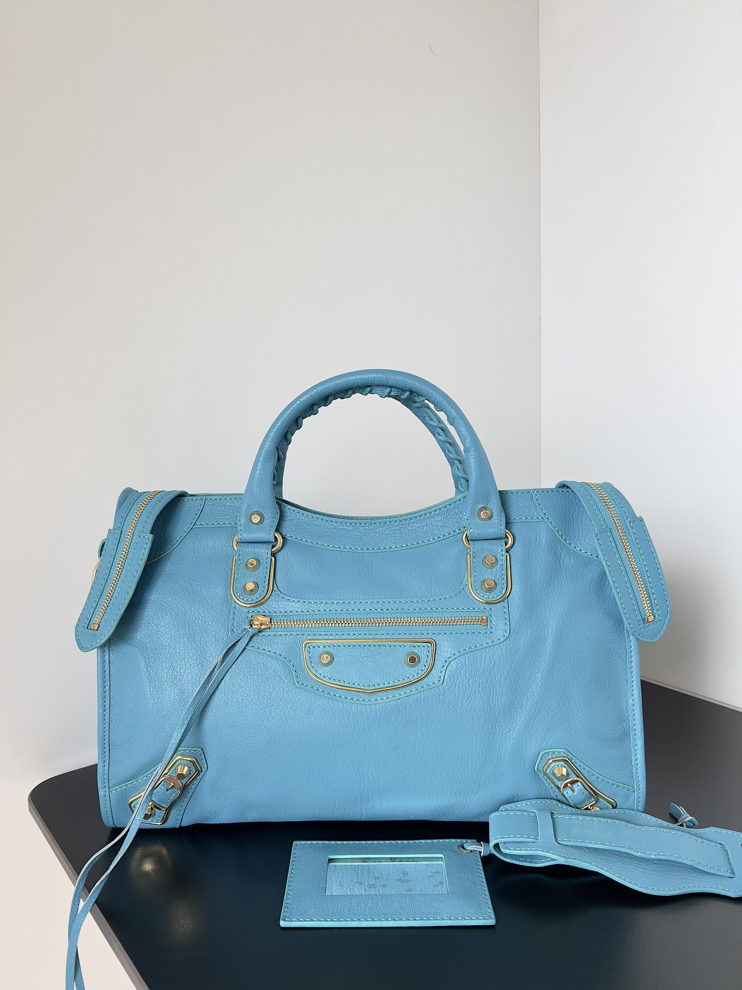 Balenciaga City Giant Studs Bag Leather Medium Blue 551113