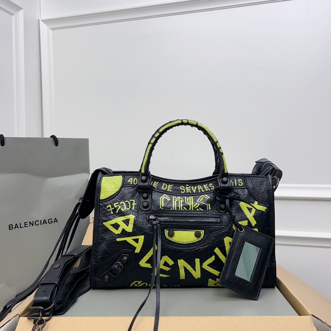 BALENCIAGA Agneau Graffiti Classic Hardware S City Black Yellow 812463