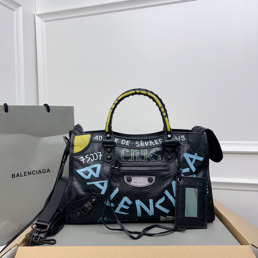 Balenciaga City Graffiti Classic Studs Bag Leather Small Black 2275361