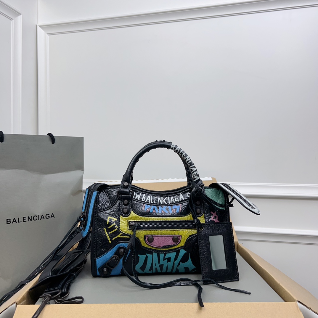 Balenciaga City Classic Graffiti Mini Black Multicolor in Leathe