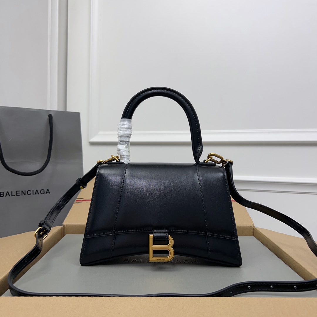 BALENCIAGA Shiny Box Calfskin Small Hourglass Top Handle Bag Black 1418333