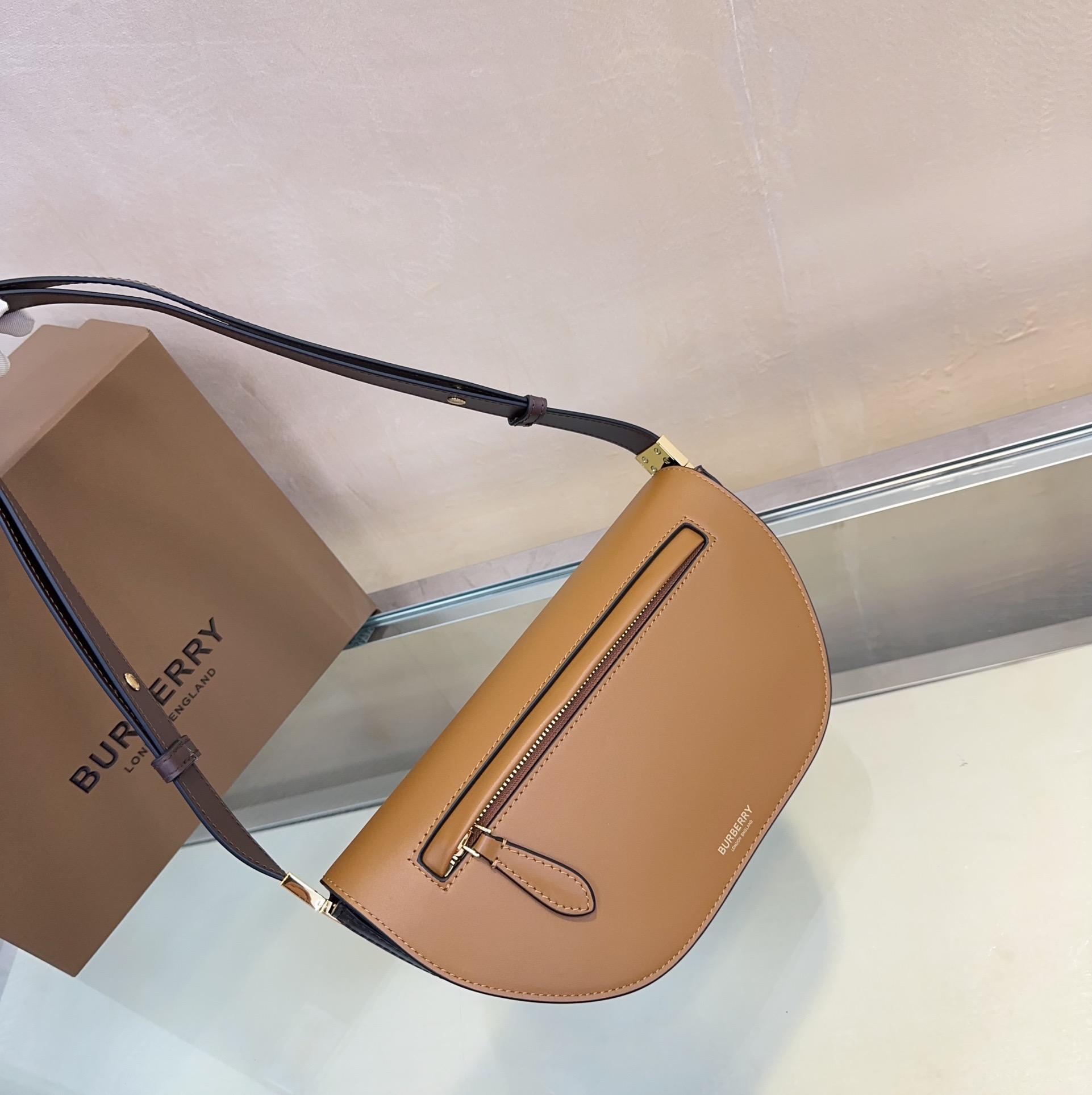 Burberry Olympia Mini Zip Bicolor Leather Shoulder Bag, Tan