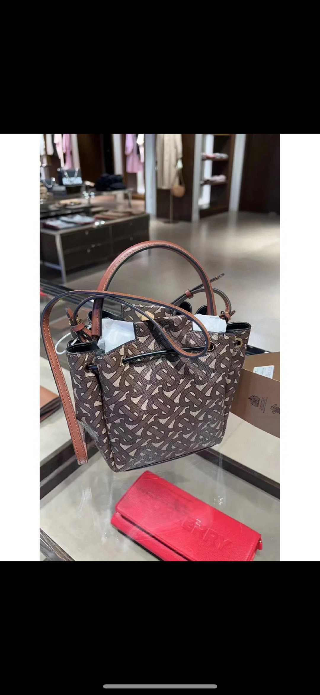 BURBERRY E-canvas Monogram TB Bucket Bag Bridle Brown