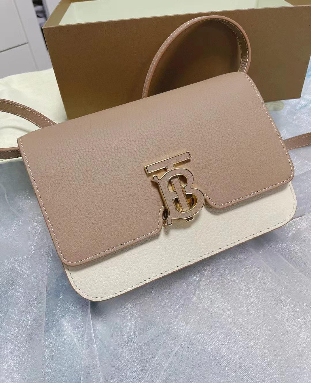 BURBERRY Grained Calfskin Small TB Bag Camel Alabaster