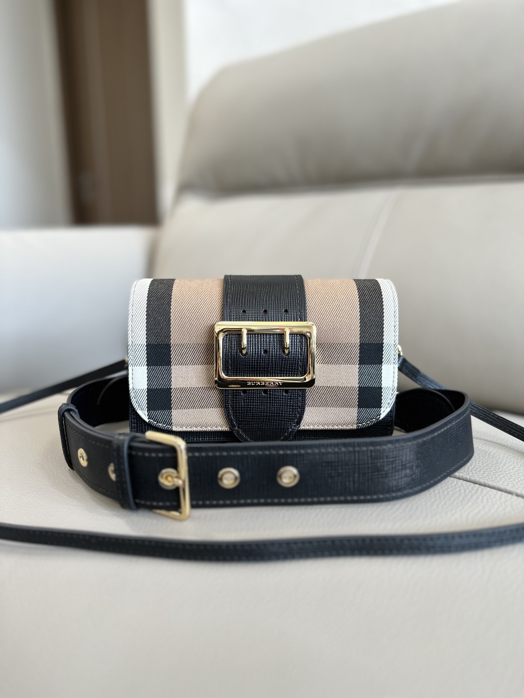 BURBERRY House Check Bridle Calfskin Small Buckle Bag Black