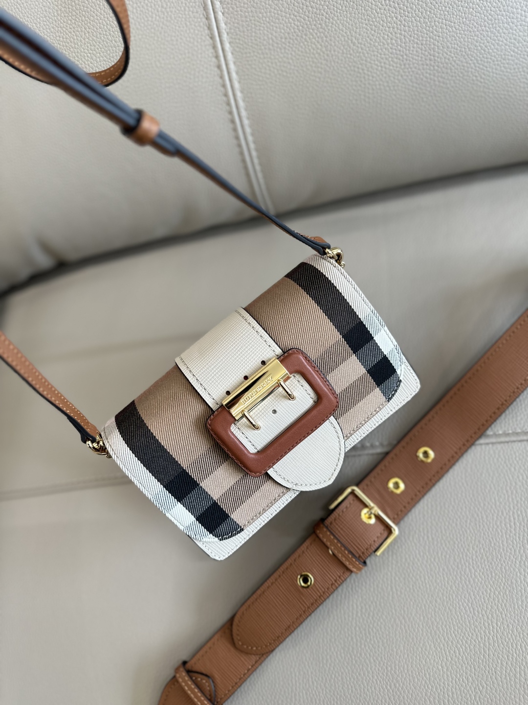 Burberry Check Canvas Brown Grained Leather Small Buckle
