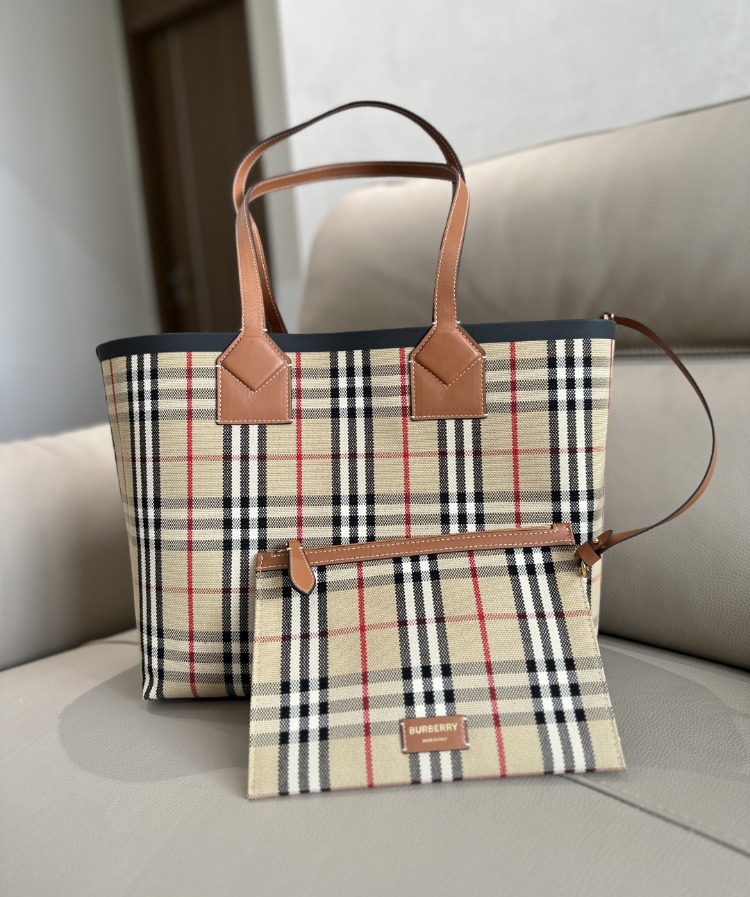 Burberry Large Check Cotton Canvas London Tote Bag