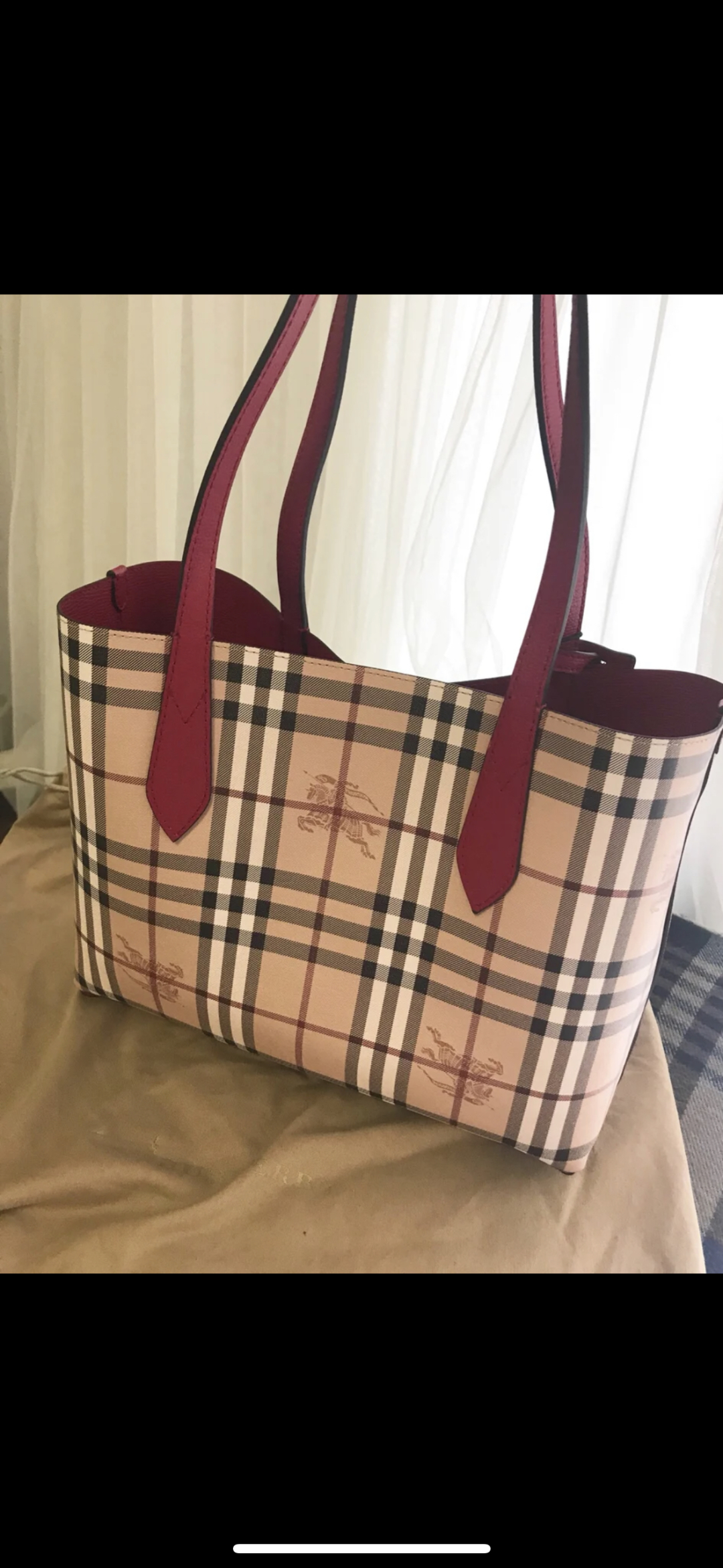 BURBERRY Haymarket Check Small Reversible Tote Poppy Re