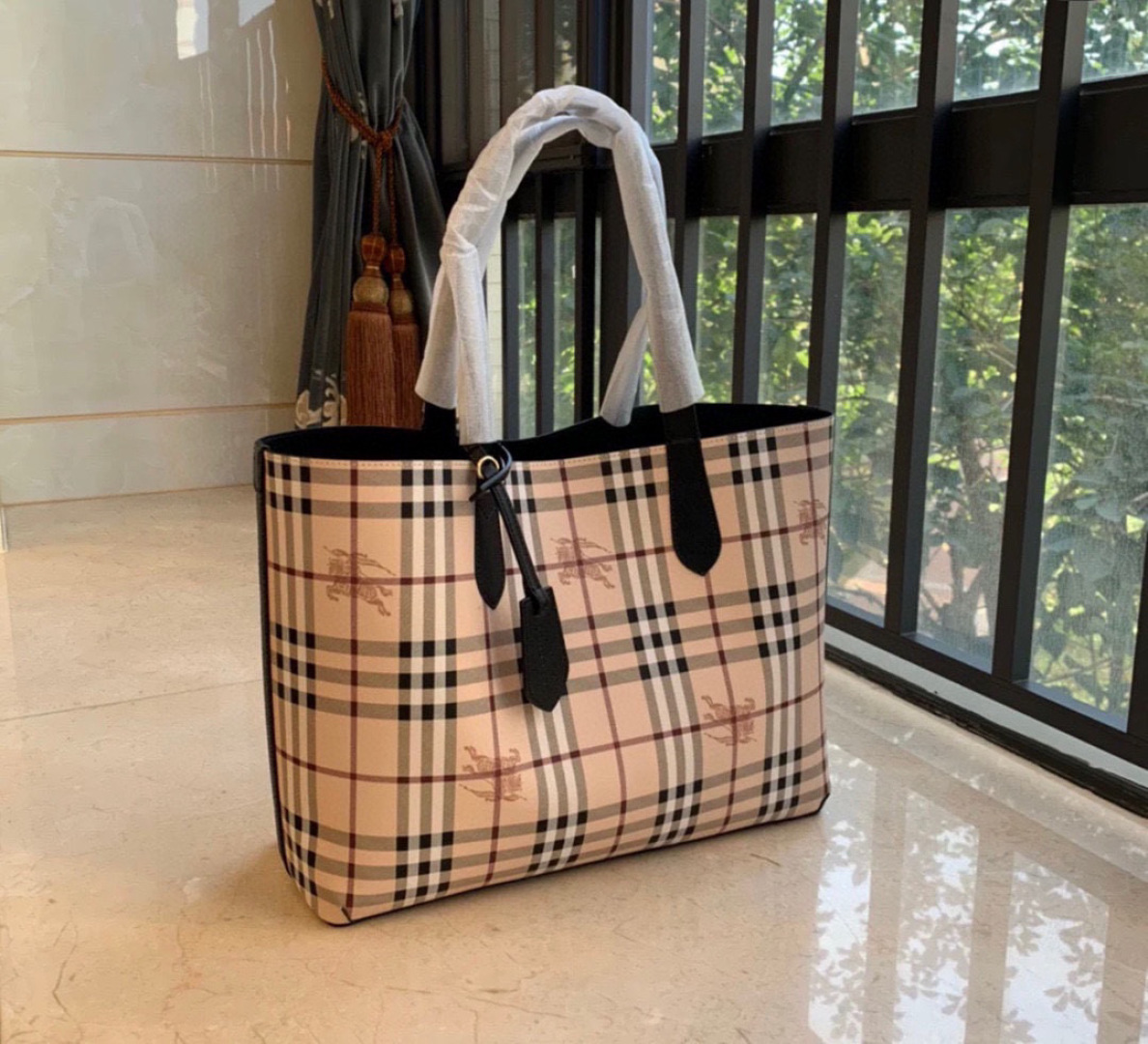 BURBERRY Grainy Calfskin Haymarket Check Medium