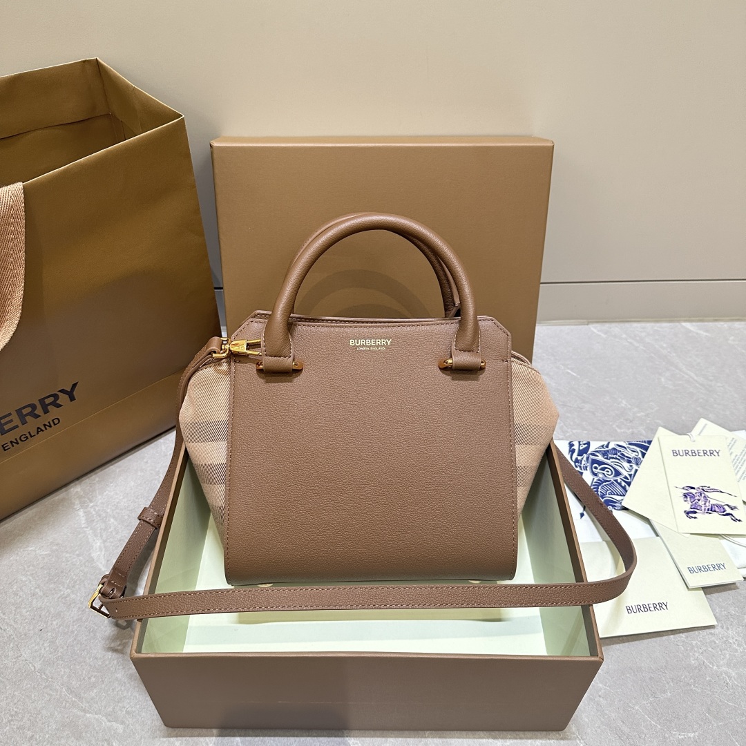 BURBERRY Calfskin Mega Check Mini Banwell Tote Earth 148418