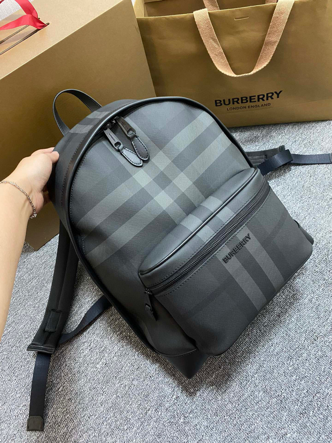 BURBERRY Rocco Charcoal Checkered E-Canvas Backpack BURBERRY  00999