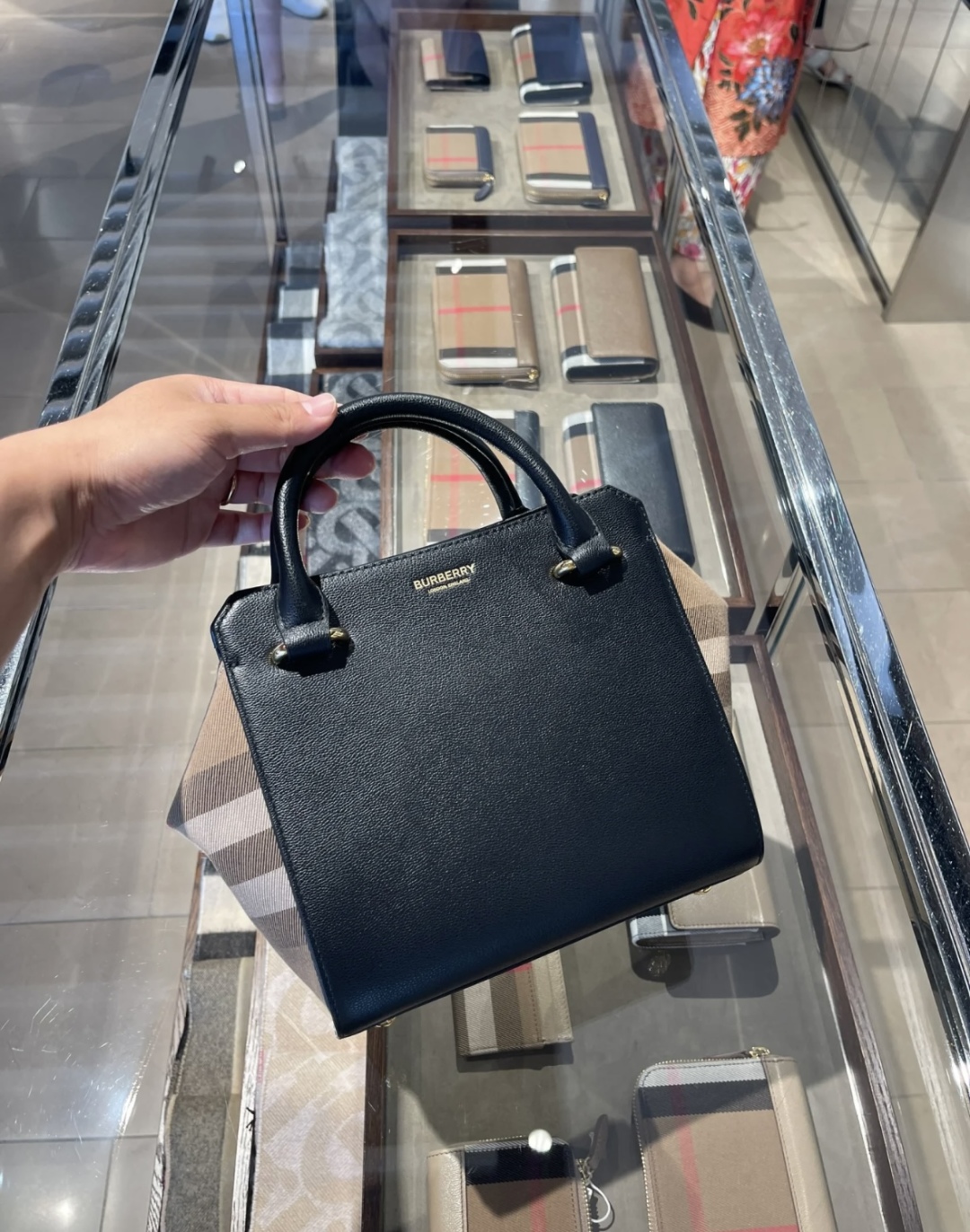 BURBERRY Calfskin Mega Check Small Banwell Tote Black