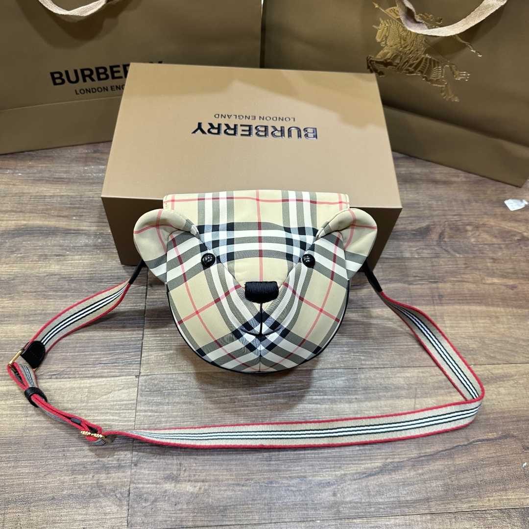 Burberry Kids’ Checked Bear Shoulder Bag In Beige