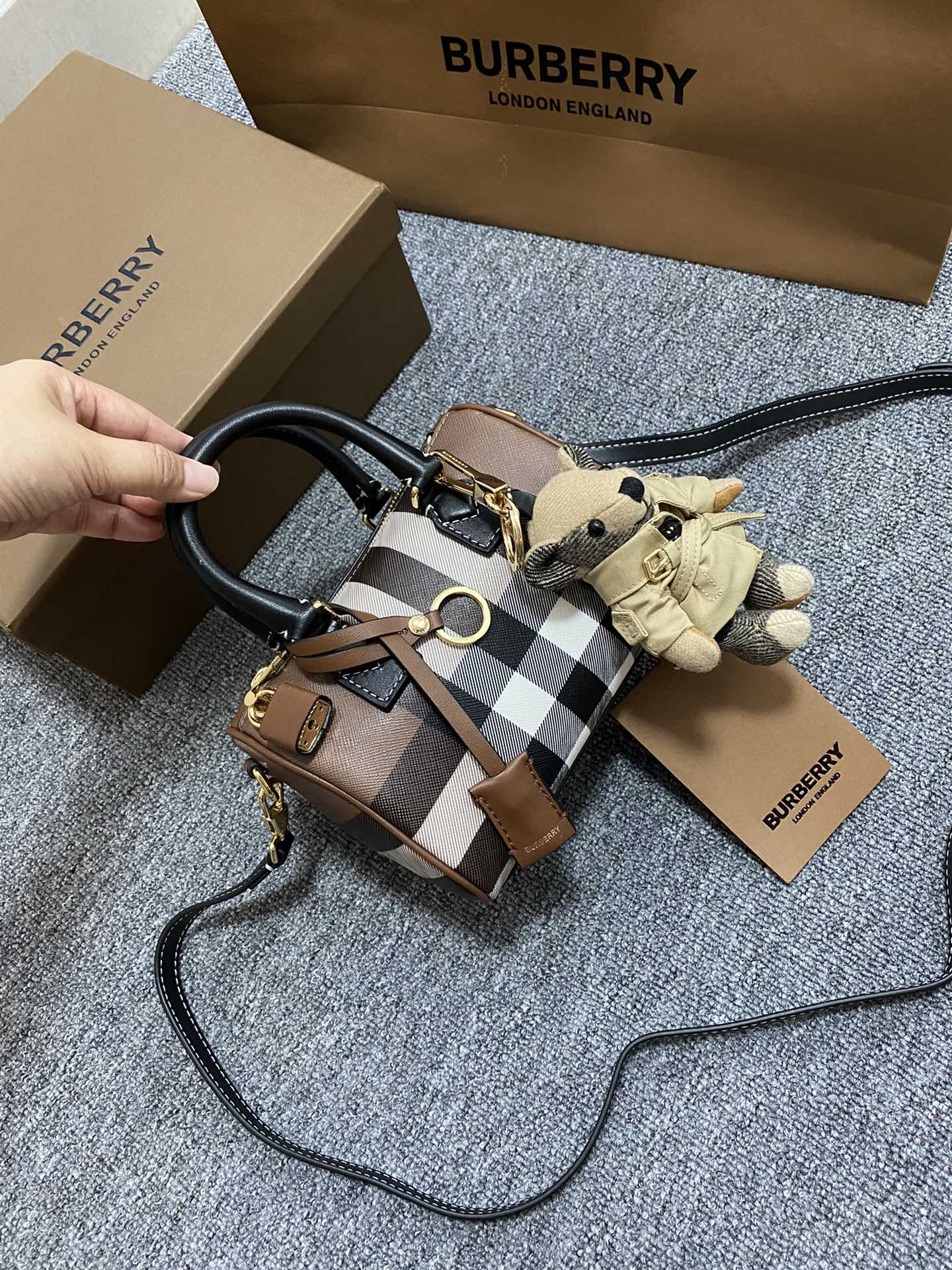 BURBERRY E-canvas Check Mini Bowling Bag Dark Birch Brown 1367290
