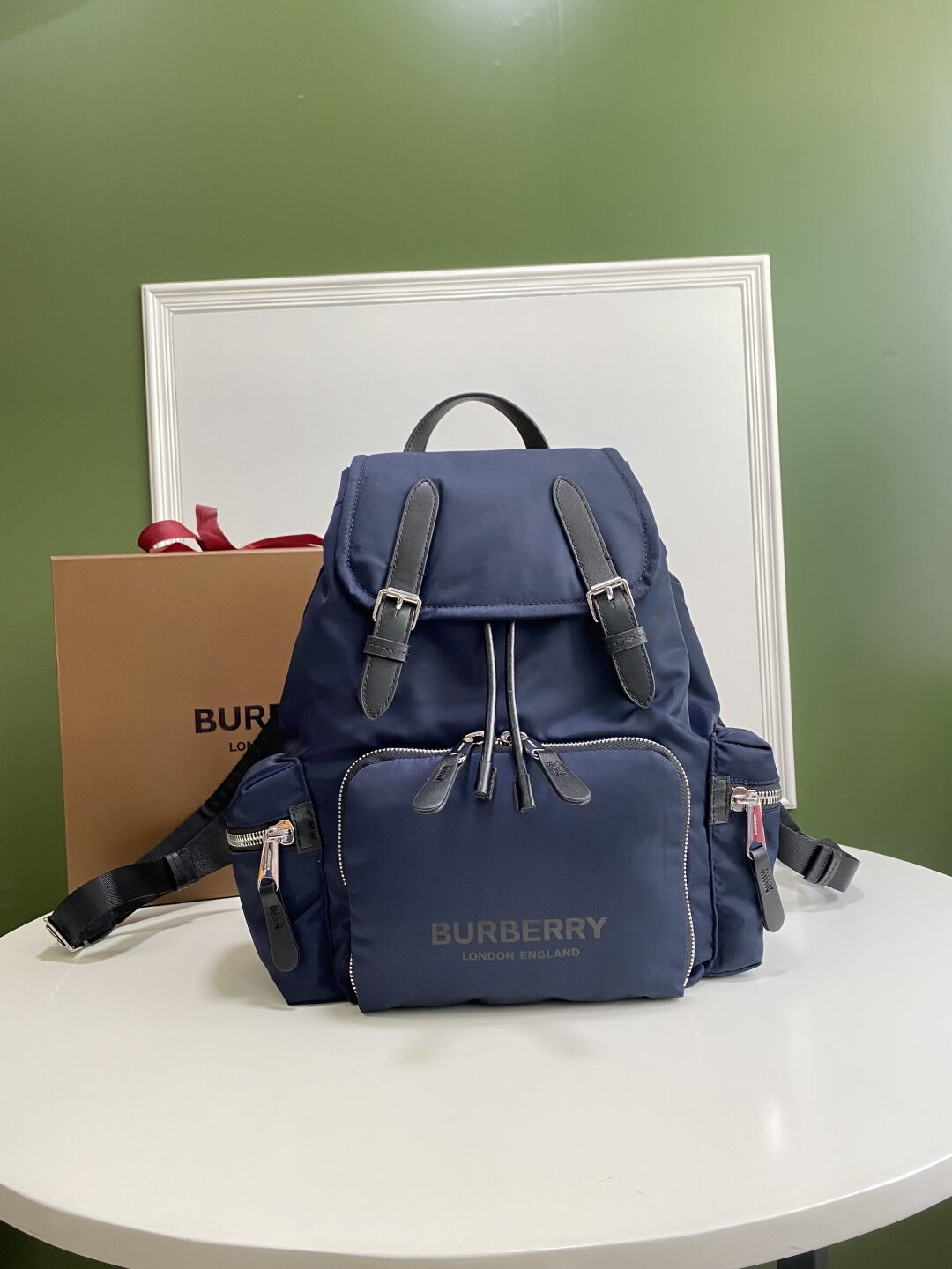 Burberry-Burberry Navy Nylon Flap Drawstring Backpack
