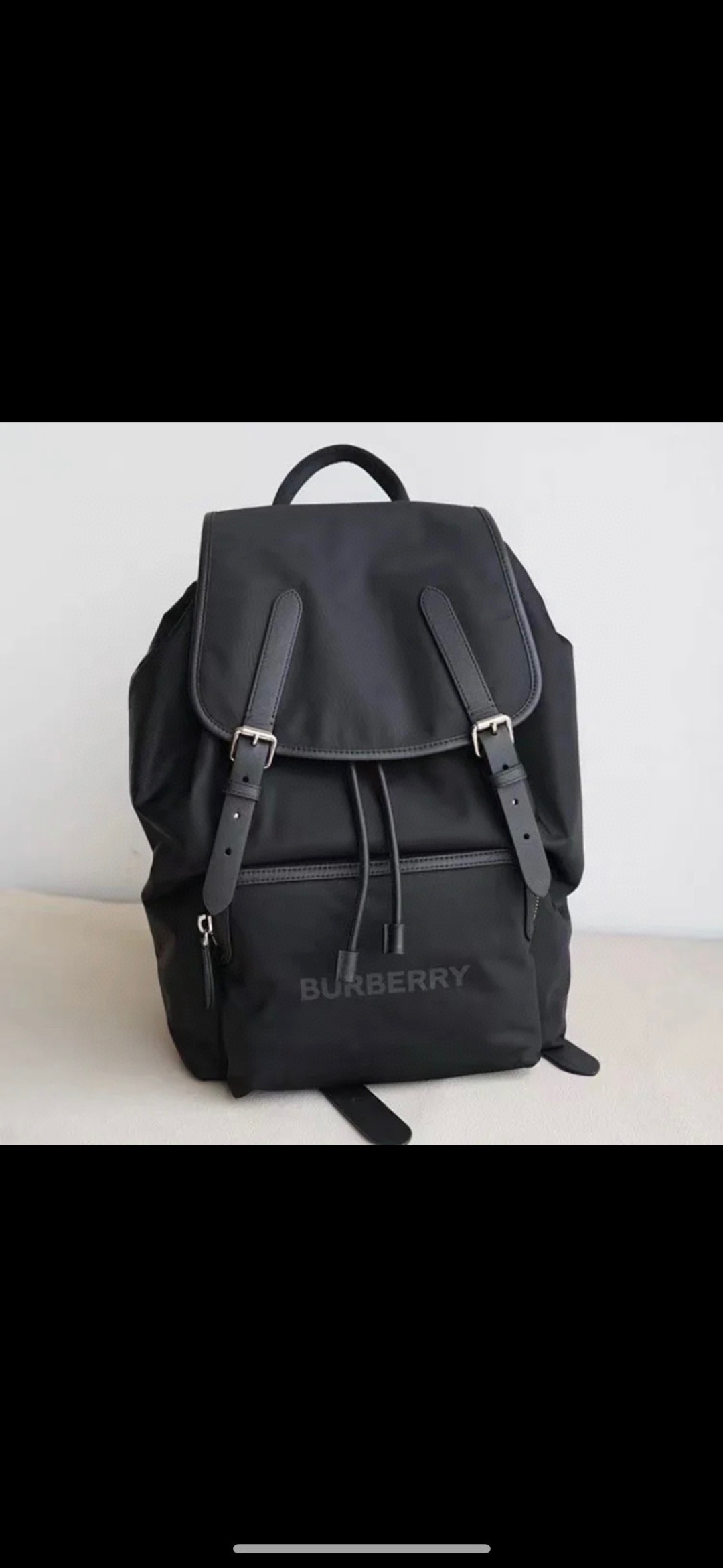 Burberry Logo Print Nylon Double Buckle Backpack Black
