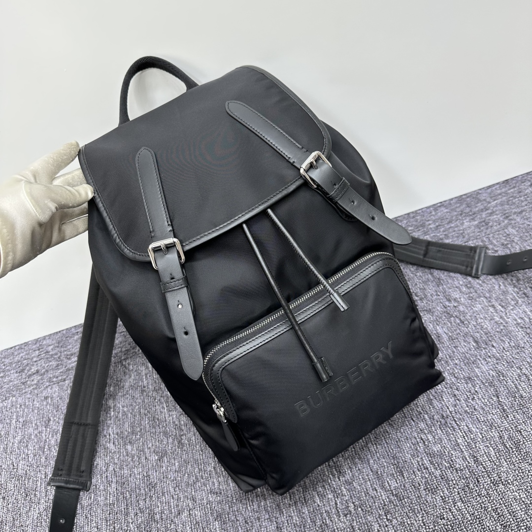 Burberry Logo Print Nylon Double Buckle Backpack Black in Nylon with Silver-tone – US