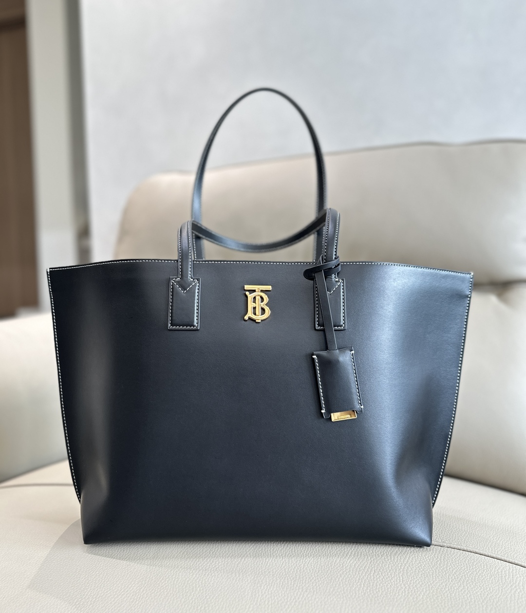 Burberry TB Monogram Motif Tote Leather Medium Black