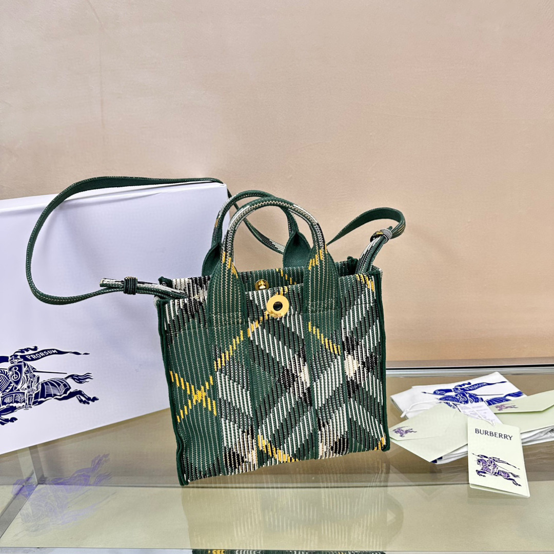 BURBERRY  Mini Check Knitted Tote in Ivy – Women | Burberry