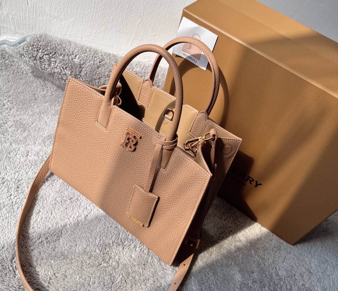BURBERRY Grained Calfskin Small Frances Tote Oat Beige brown