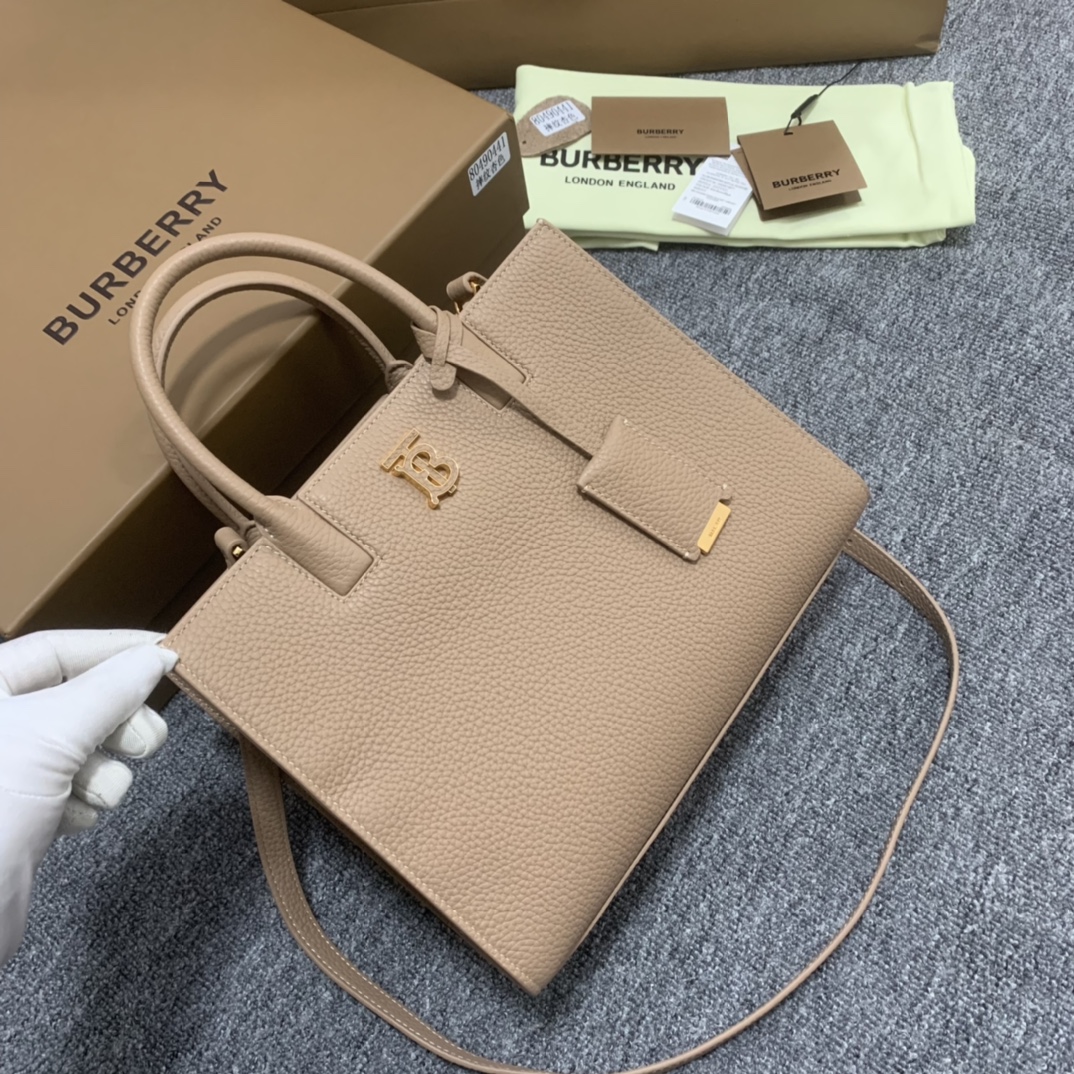 BURBERRY Grained Calfskin Small Frances Tote Oat Beige