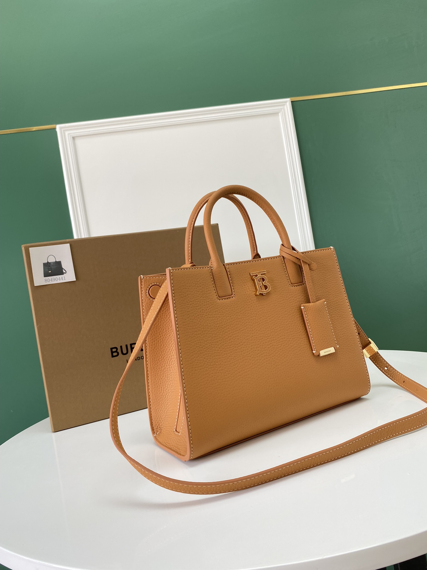 BURBERRY Grained Calfskin Small Frances Tote Warm brown