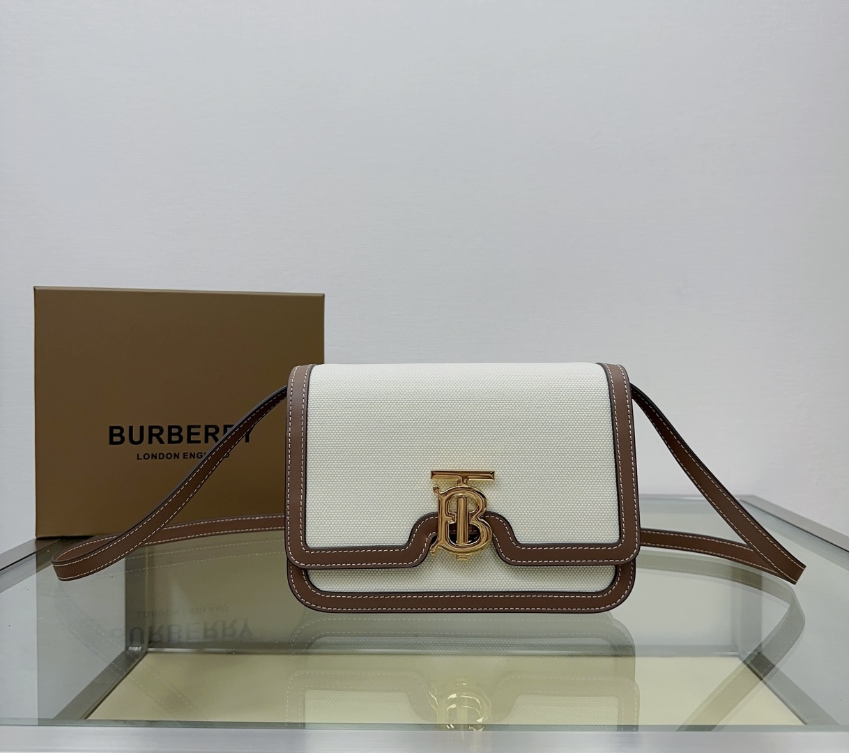 BURBERRY Canvas Calfskin Small TB Bag Malt Brown