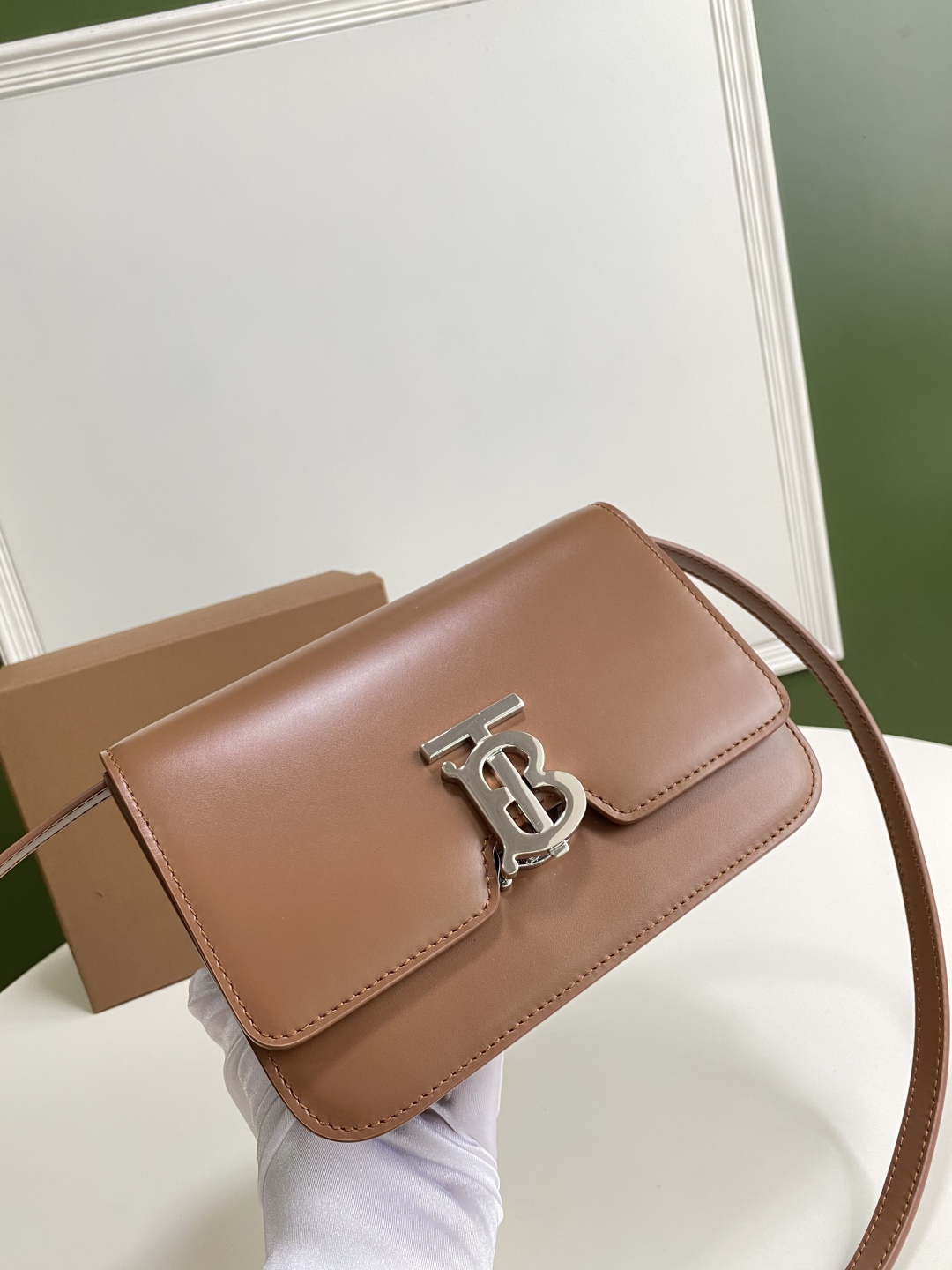 Burberry Malt Brown Leather TB Monogram Medium Shoulder Burberry 02719