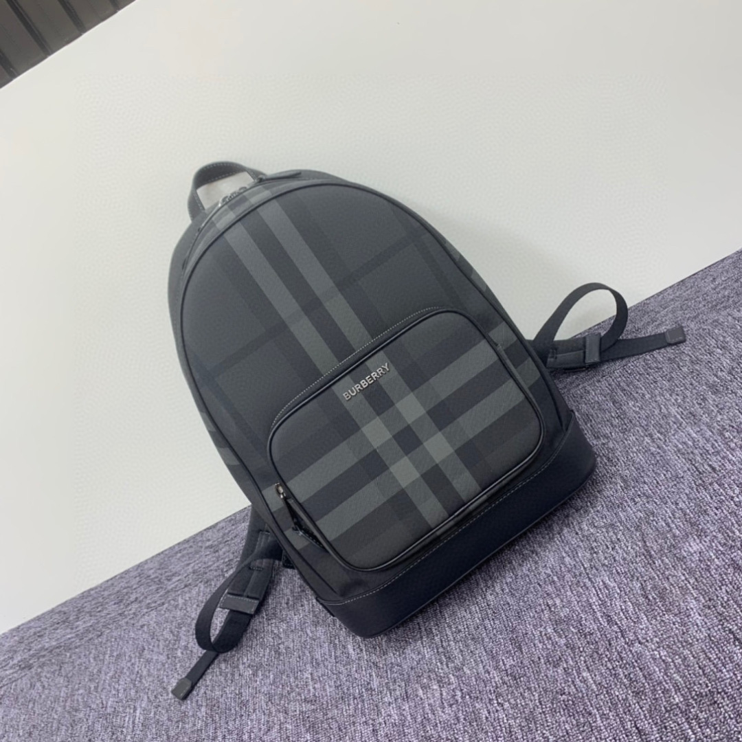 BURBERRY Rocco Charcoal Checkered E-Canvas Backpac