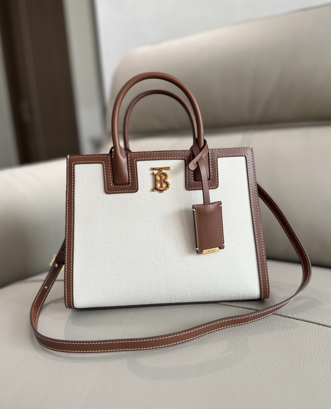 Burberry Ivory/Brown Leather and Canvas Mini Frances Tote BURBERRY  04459